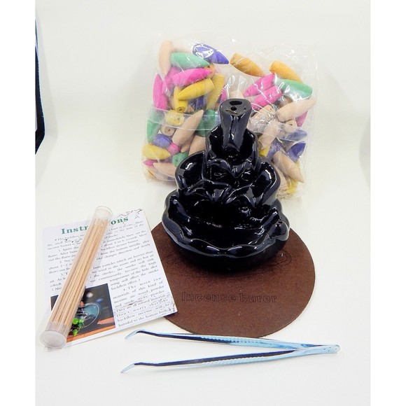 Spacekeeper Ceramic Backflow Incense Waterfall Burner Holder Black - Picture 1 of 9